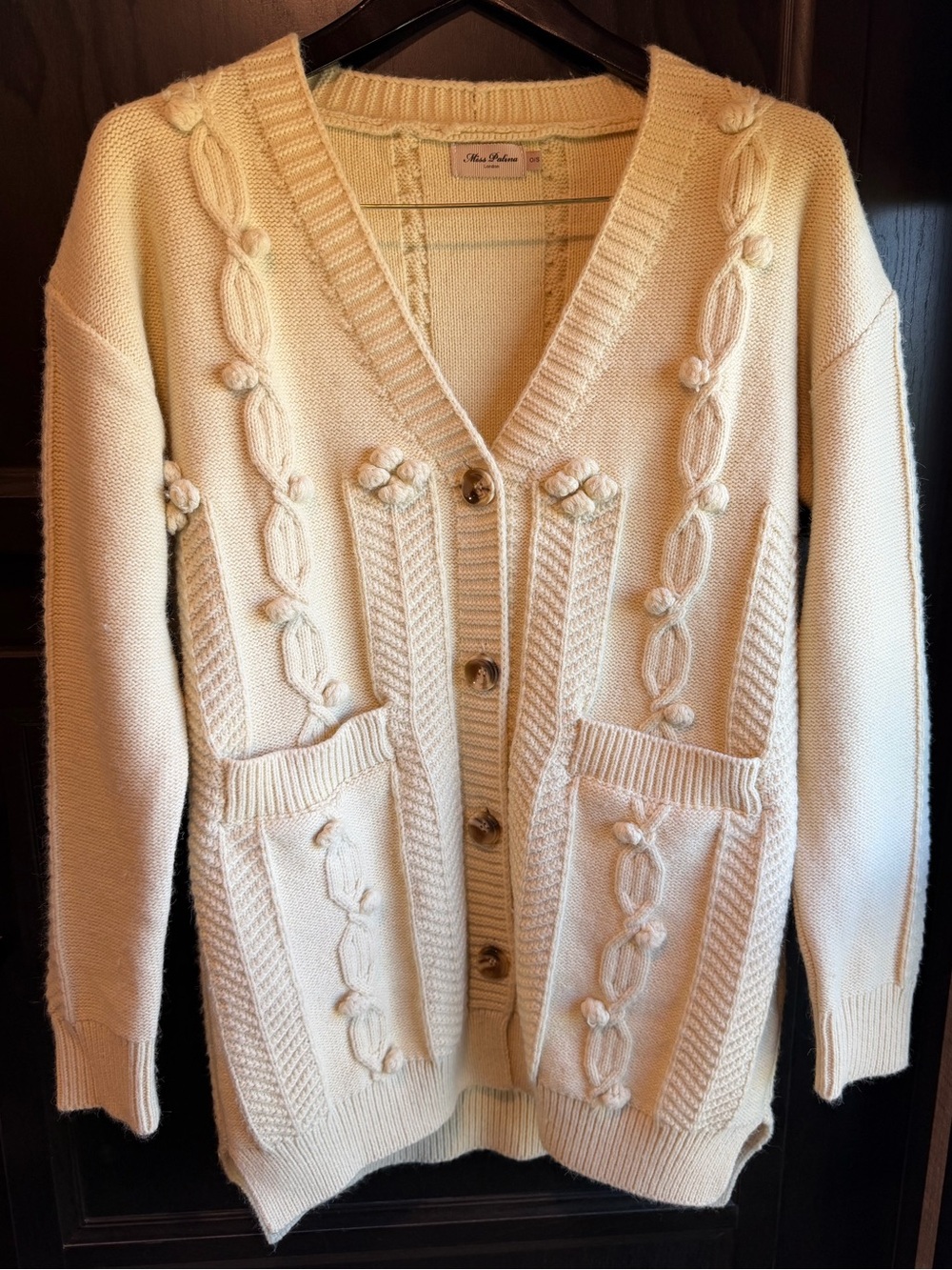 Miss Patina London Cream Cable Knit Cardigan Sweater O/S Cottagecore vintage isp